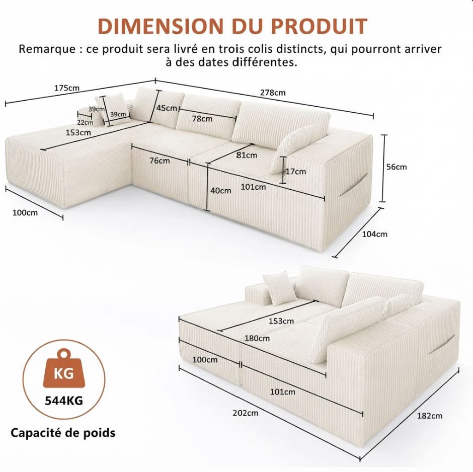 Canapé Milano d'angle en velours gris et blanc - Maison SOLA