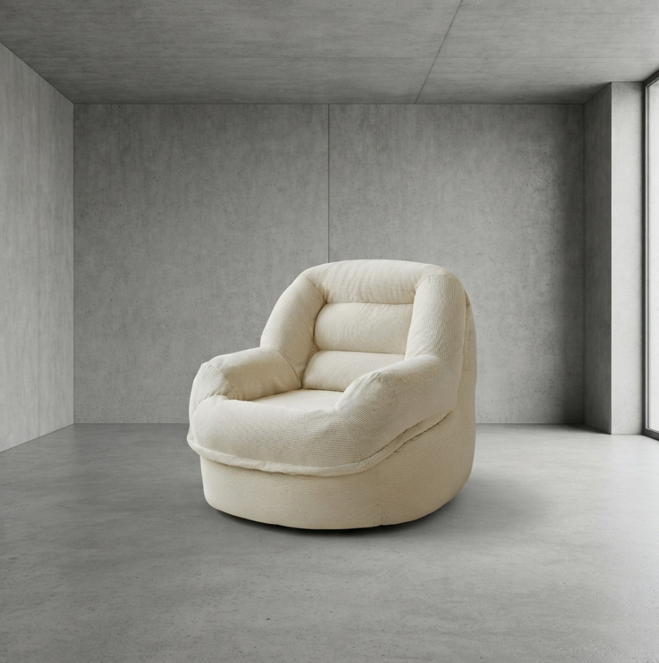 Fauteuil Procida velours côtelé Blanc Crème avec pouf assorti - Maison SOLA