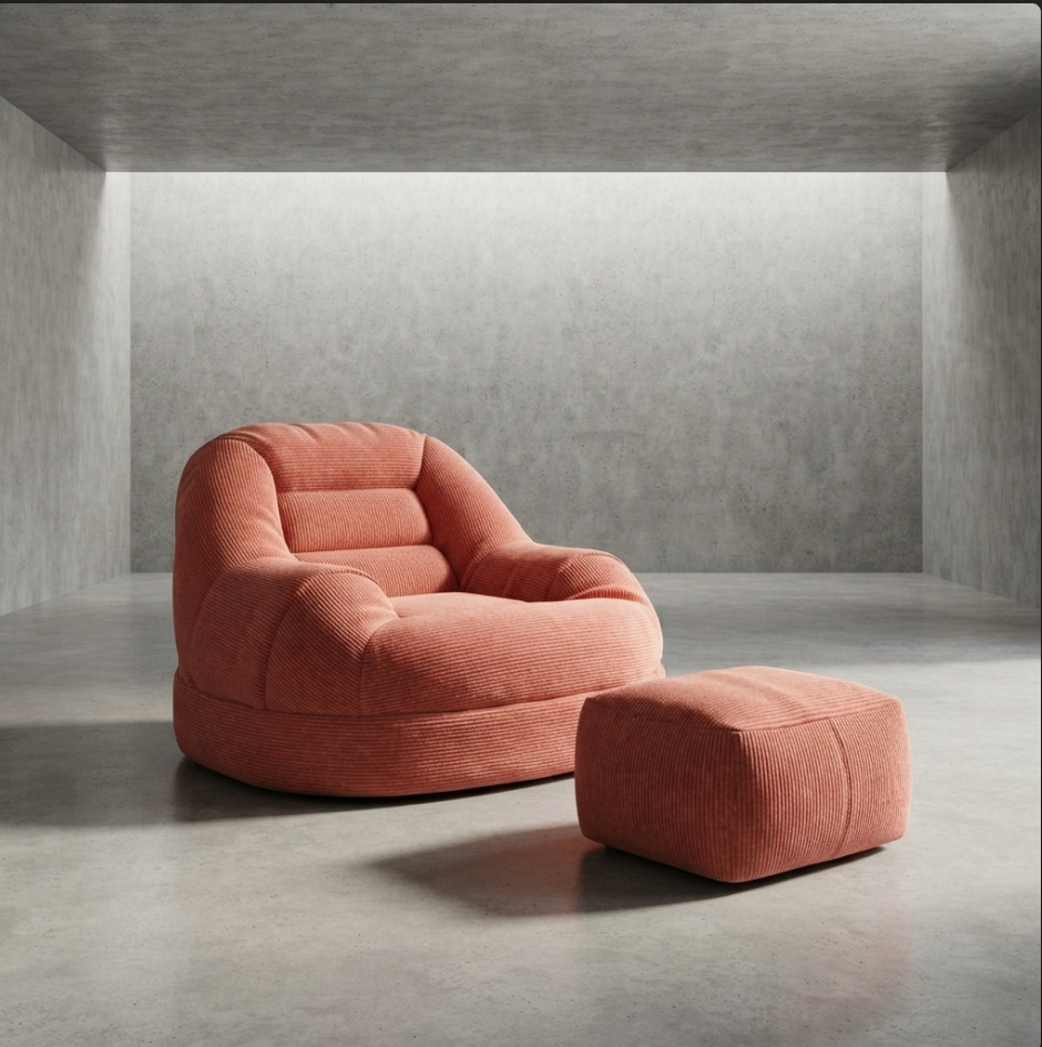 Fauteuil Procida velours côtelé Orange Terracotta avec pouf assorti - Maison SOLA
